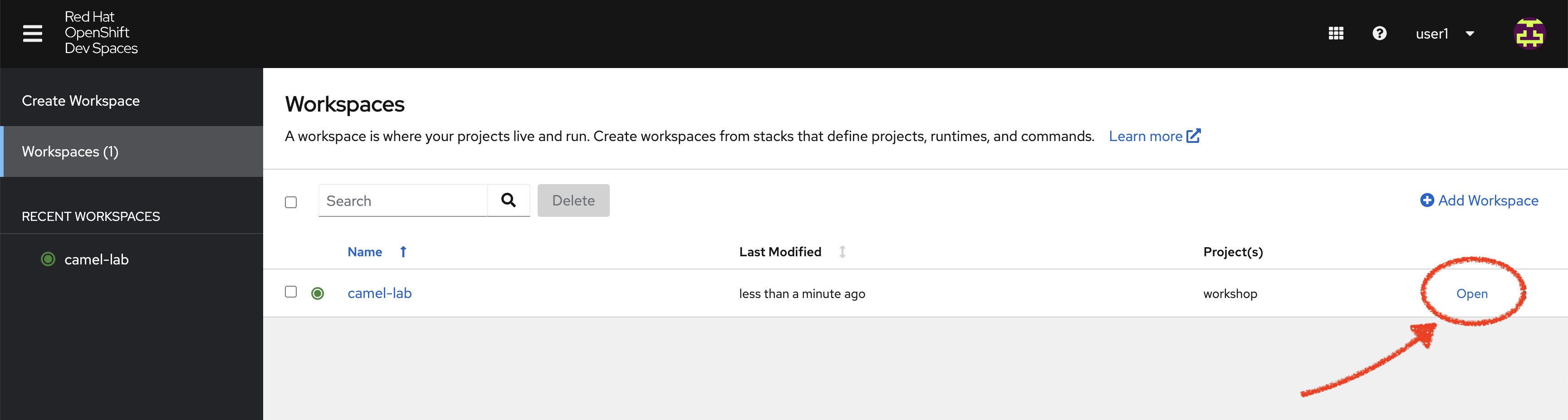 Open Dev Spaces workspace
