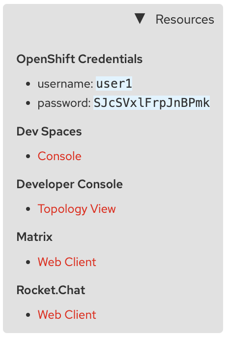 Resources panel with access links