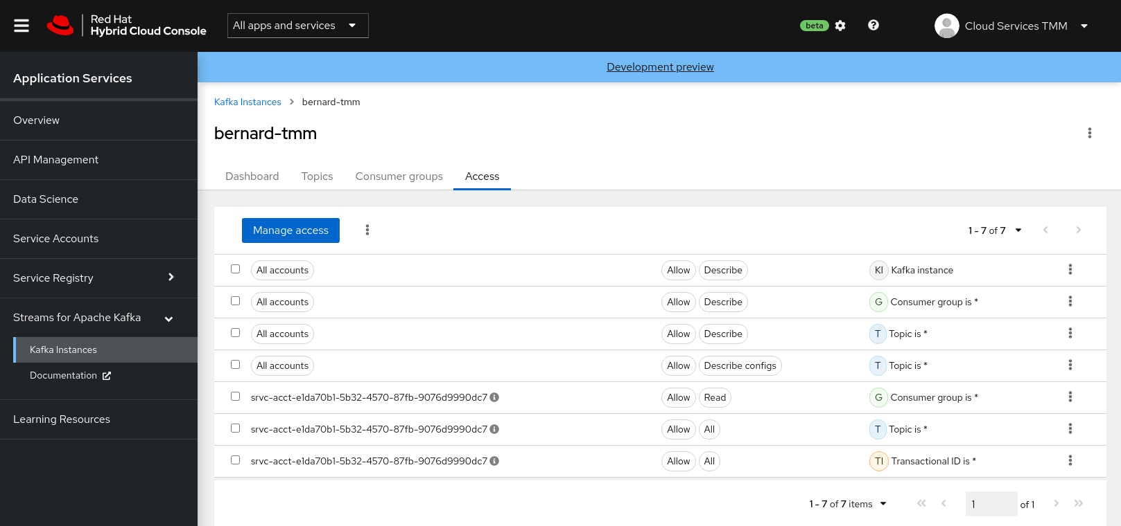 rhosak access serviceaccount